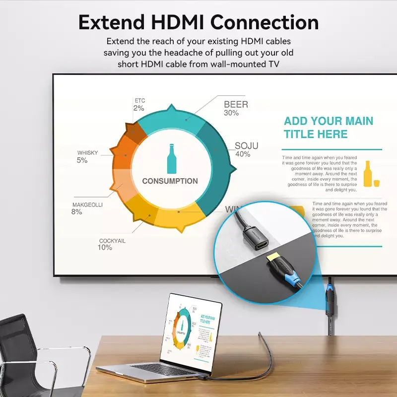 Vention AHCBI HDMI-A spraudnis–HDMI-A ligzda pagarinātājs, 3 m, 4K@60Hz, PVC, melns