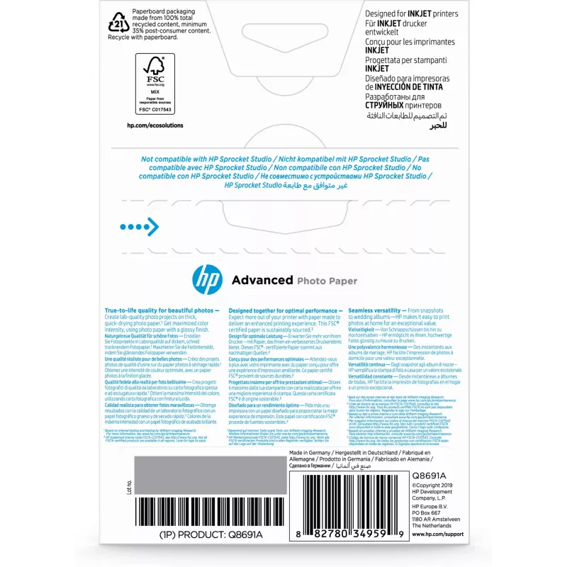 HP Advanced Photo Paper Glossy 250 g/m² 10 x 15 cm (101 x 152 mm) 25 loksnes