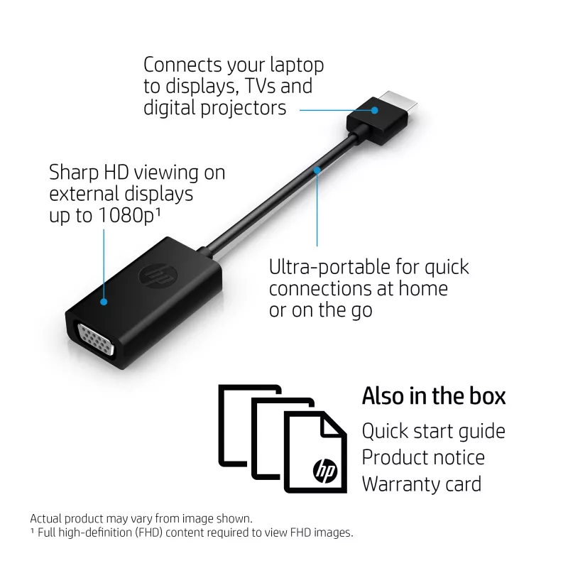 HP HDMI uz VGA adapteris, 0.045 m, HDMI, VGA (D-Sub), Vīrietis, Sieviete, Melns
