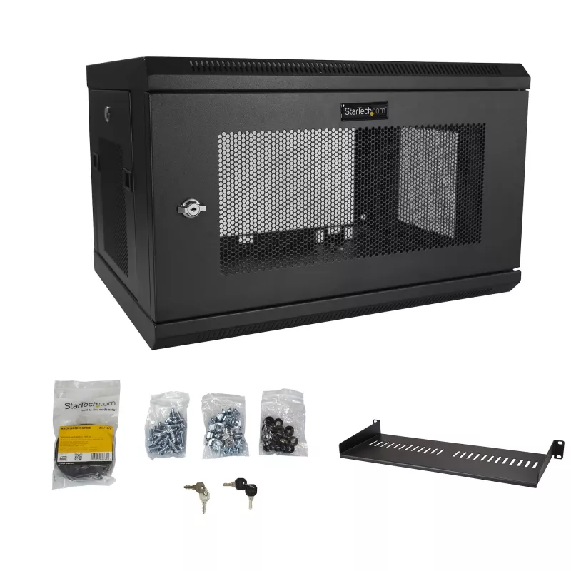 StarTech.com 2-Post 6U sienas montāžas tīkla skapis ar 1U plauktu, 19 collu sienas servera statīvs datu/tīkla/AV/elektronikas/datoru aprīkojumam, mazs ventilējams skapis