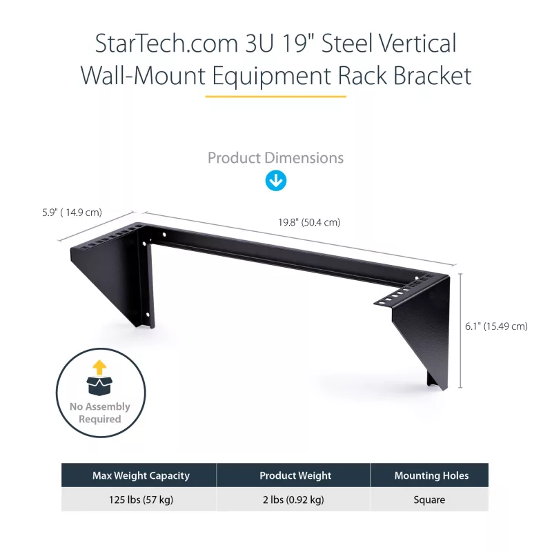 StarTech.com 3U 19 inch vertikālais sienas stiprinājuma kronšteins, sienas stiprinājuma paneļa kronšteins datu/AV/IT/datoru iekārtām, 3U statīvs skapim vai serveru telpai, atbalsta 150 mārciņas (68 kg) ietilpību