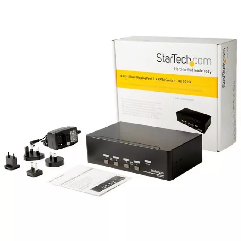 StarTech.com 4 portu Dual DisplayPort KVM slēdzis - 4K 60Hz, 3840 x 2160 pikseļi, 4K Ultra HD, montāžai statīvā, 18 W, 2U, Melns