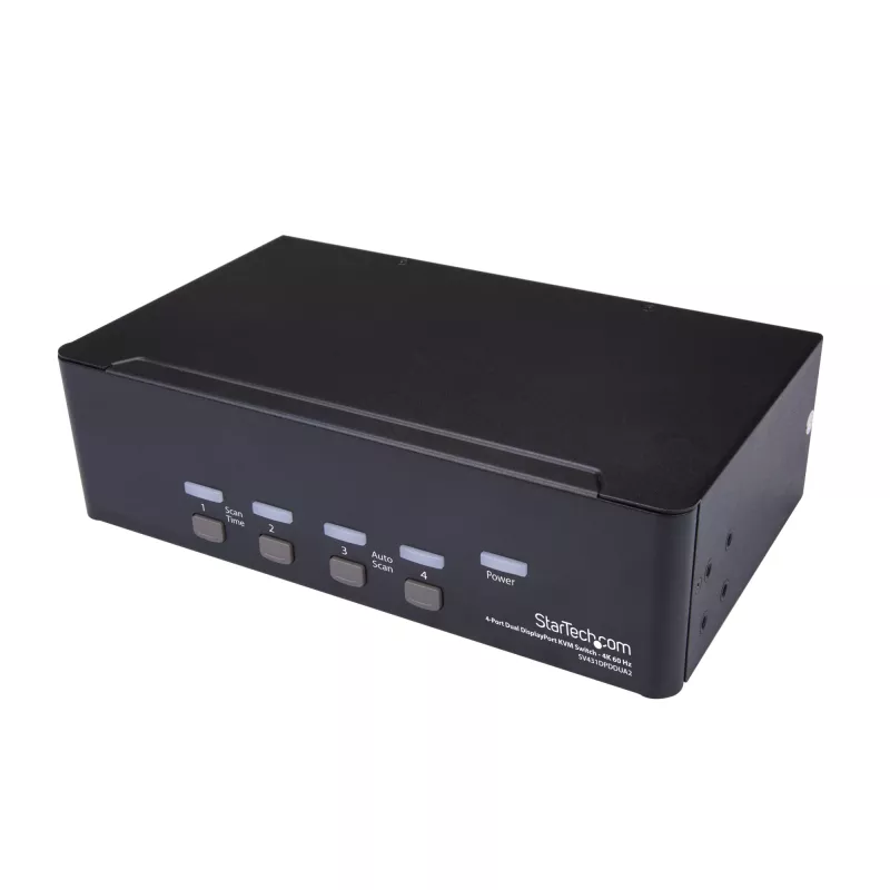 StarTech.com 4 portu Dual DisplayPort KVM slēdzis - 4K 60Hz, 3840 x 2160 pikseļi, 4K Ultra HD, montāžai statīvā, 18 W, 2U, Melns