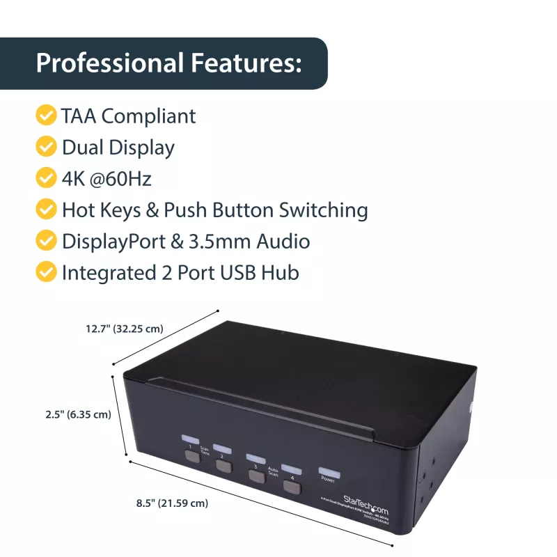 StarTech.com 4 portu Dual DisplayPort KVM slēdzis - 4K 60Hz, 3840 x 2160 pikseļi, 4K Ultra HD, montāžai statīvā, 18 W, 2U, Melns