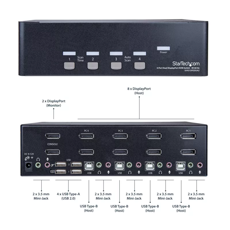 StarTech.com 4 portu Dual DisplayPort KVM slēdzis - 4K 60Hz, 3840 x 2160 pikseļi, 4K Ultra HD, montāžai statīvā, 18 W, 2U, Melns