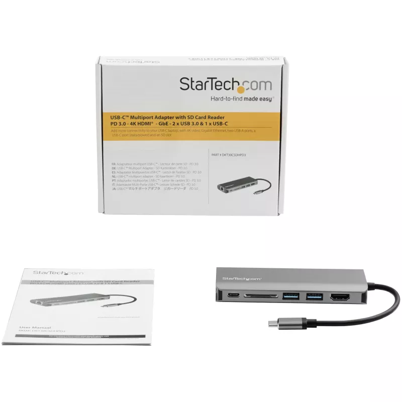 StarTech.com USB-C daudzportu adapteris - USB-C ceļojumu doks ar 4K HDMI, 3x USB 3.0 centrmezgls, SD/SDHC, GbE, 60W PD 3.0 caurlaide - USB Type-C/Thunderbolt 3 - aizstāj DKT30CSDHPD