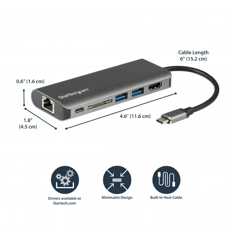 StarTech.com USB-C daudzportu adapteris - USB-C ceļojumu doks ar 4K HDMI, 3x USB 3.0 centrmezgls, SD/SDHC, GbE, 60W PD 3.0 caurlaide - USB Type-C/Thunderbolt 3 - aizstāj DKT30CSDHPD