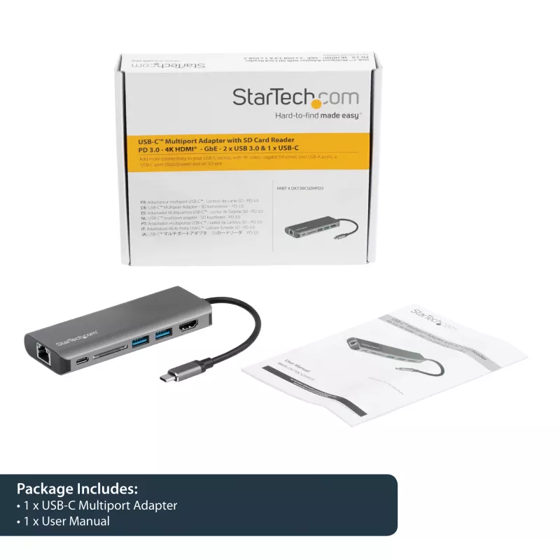 StarTech.com USB-C daudzportu adapteris - USB-C ceļojumu doks ar 4K HDMI, 3x USB 3.0 centrmezgls, SD/SDHC, GbE, 60W PD 3.0 caurlaide - USB Type-C/Thunderbolt 3 - aizstāj DKT30CSDHPD