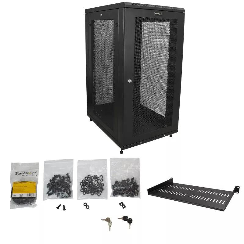 StarTech.com 4-Post 24U Server Rack Cabinet, bloķējams 19 collu datu skapis serveriem, AV un IT aprīkojumam, ar riteņiem un regulējamām montāžas sliedēm