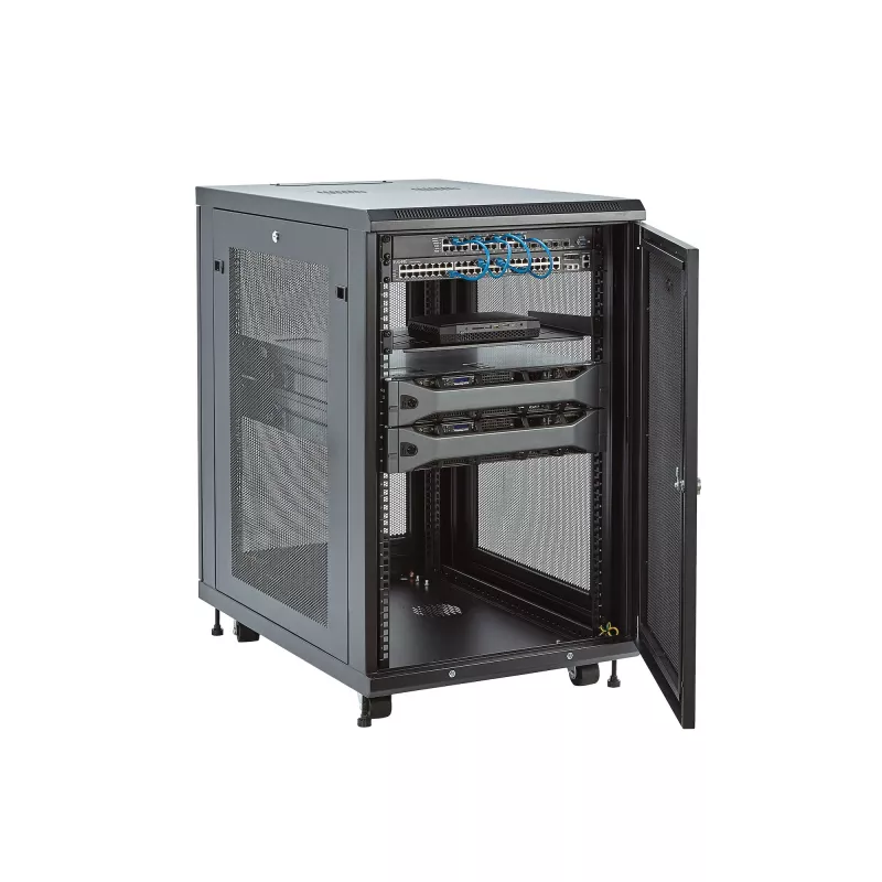 StarTech.com 4-Post 18U Server Rack Cabinet, Lockable 19 collu datu skapis serveriem, AV un IT iekārtām, biroja/mājas tīkla skapis ar riteņiem un regulējamām montāžas sliedēm