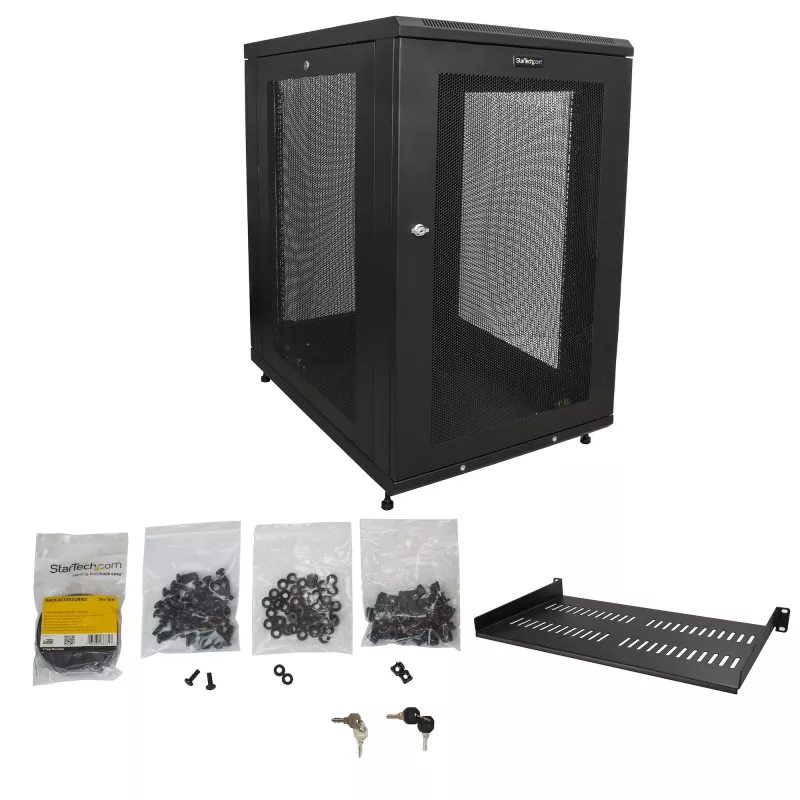 StarTech.com 4-Post 18U Server Rack Cabinet, Lockable 19 collu datu skapis serveriem, AV un IT iekārtām, biroja/mājas tīkla skapis ar riteņiem un regulējamām montāžas sliedēm