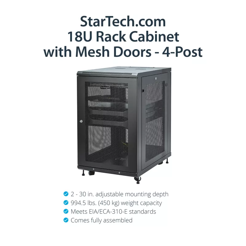 StarTech.com 4-Post 18U Server Rack Cabinet, Lockable 19 collu datu skapis serveriem, AV un IT iekārtām, biroja/mājas tīkla skapis ar riteņiem un regulējamām montāžas sliedēm