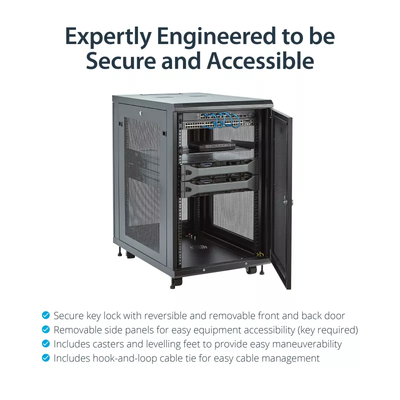 StarTech.com 4-Post 18U Server Rack Cabinet, Lockable 19 collu datu skapis serveriem, AV un IT iekārtām, biroja/mājas tīkla skapis ar riteņiem un regulējamām montāžas sliedēm