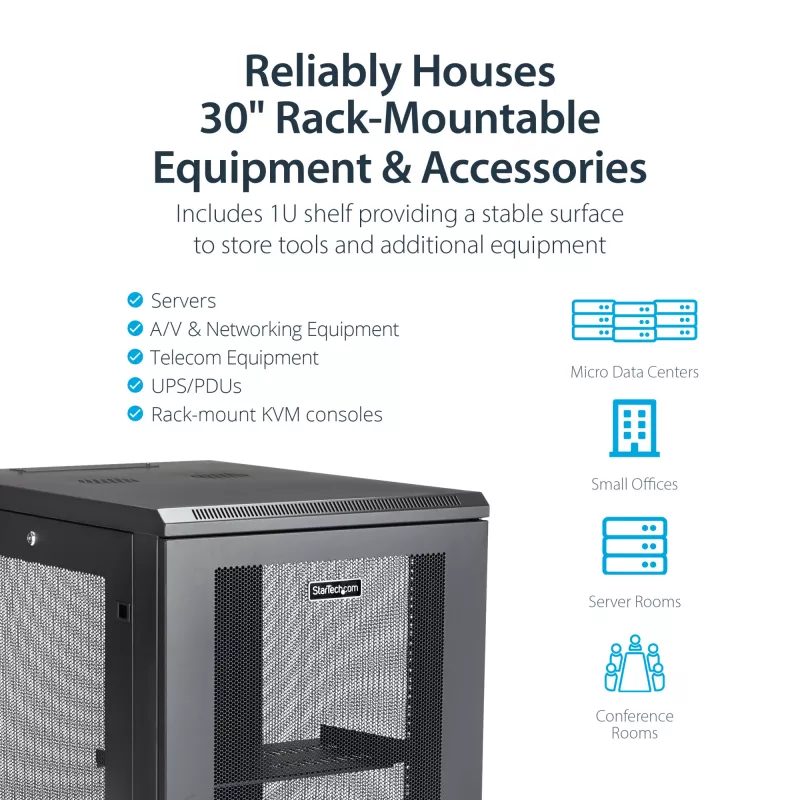 StarTech.com 4-Post 18U Server Rack Cabinet, Lockable 19 collu datu skapis serveriem, AV un IT iekārtām, biroja/mājas tīkla skapis ar riteņiem un regulējamām montāžas sliedēm