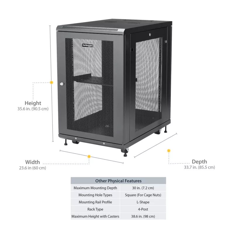StarTech.com 4-Post 18U Server Rack Cabinet, Lockable 19 collu datu skapis serveriem, AV un IT iekārtām, biroja/mājas tīkla skapis ar riteņiem un regulējamām montāžas sliedēm