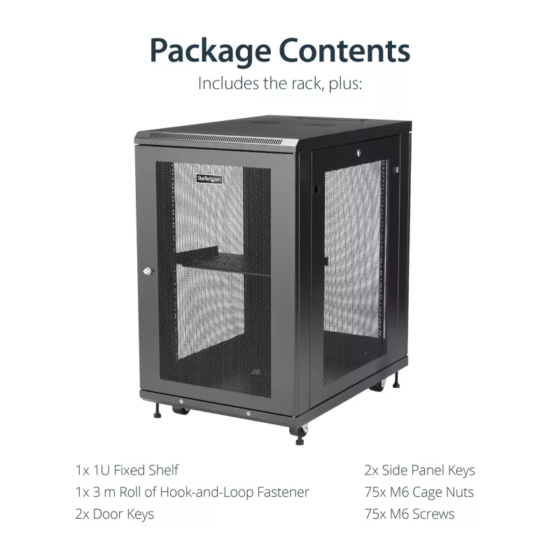 StarTech.com 4-Post 18U Server Rack Cabinet, Lockable 19 collu datu skapis serveriem, AV un IT iekārtām, biroja/mājas tīkla skapis ar riteņiem un regulējamām montāžas sliedēm