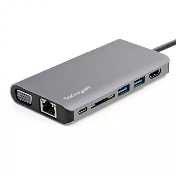 StarTech.com USB-C daudzportu adapteris - USB-C mini ceļojuma dokstacija ar 4K HDMI vai 1080p VGA - 3x USB 3.0 centrmezgls, SD, GbE, audio, 100W PD caurlaide - portatīvā dokstacija klēpjdatoram/planšetdatoram