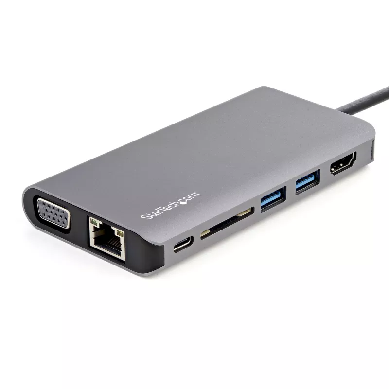 StarTech.com USB-C daudzportu adapteris - USB-C mini ceļojuma dokstacija ar 4K HDMI vai 1080p VGA - 3x USB 3.0 centrmezgls, SD, GbE, audio, 100W PD caurlaide - portatīvā dokstacija klēpjdatoram/planšetdatoram