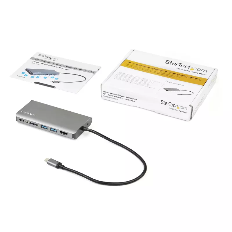 StarTech.com USB-C daudzportu adapteris - USB-C mini ceļojuma dokstacija ar 4K HDMI vai 1080p VGA - 3x USB 3.0 centrmezgls, SD, GbE, audio, 100W PD caurlaide - portatīvā dokstacija klēpjdatoram/planšetdatoram