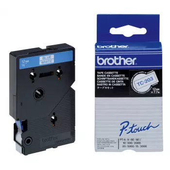 Lentas kasetne Brother TC203 12mm zils uz balta
