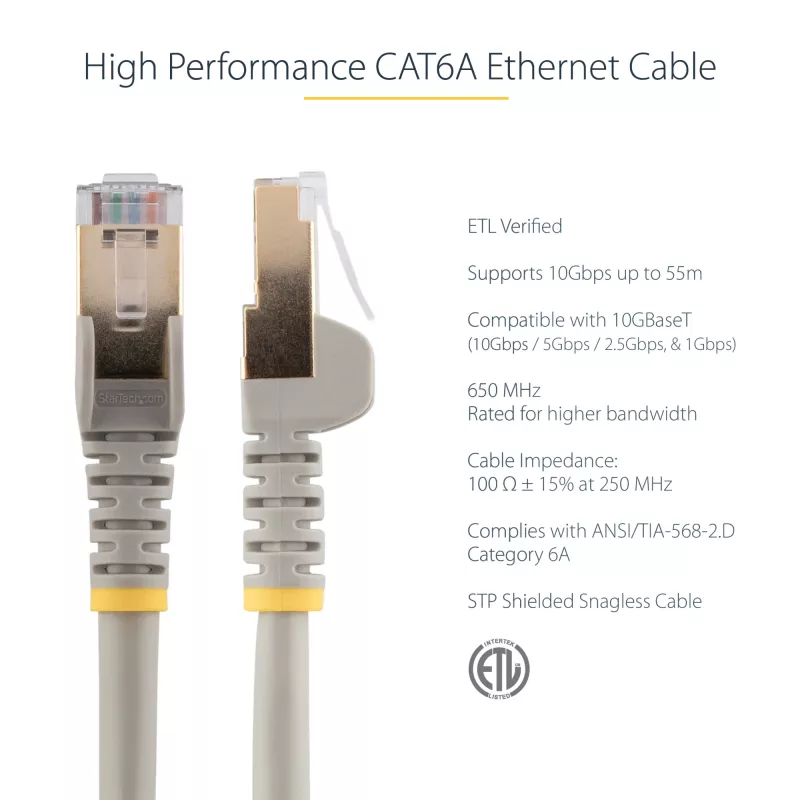StarTech.com 10m CAT6a Ethernet kabelis - 10 Gigabit ekranēts, bezķēdes RJ45 100W PoE savienotājs - 10GbE STP tīkla kabelis ar sprieguma mazinātāju - Pelēks, individuāli pārbaudīts / UL sertificēts vads / TIA