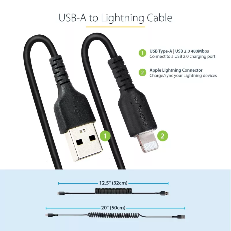 StarTech.com 50cm USB–Lightning spoles kabelis, MFi sertificēts, melns, ar aramīda šķiedru