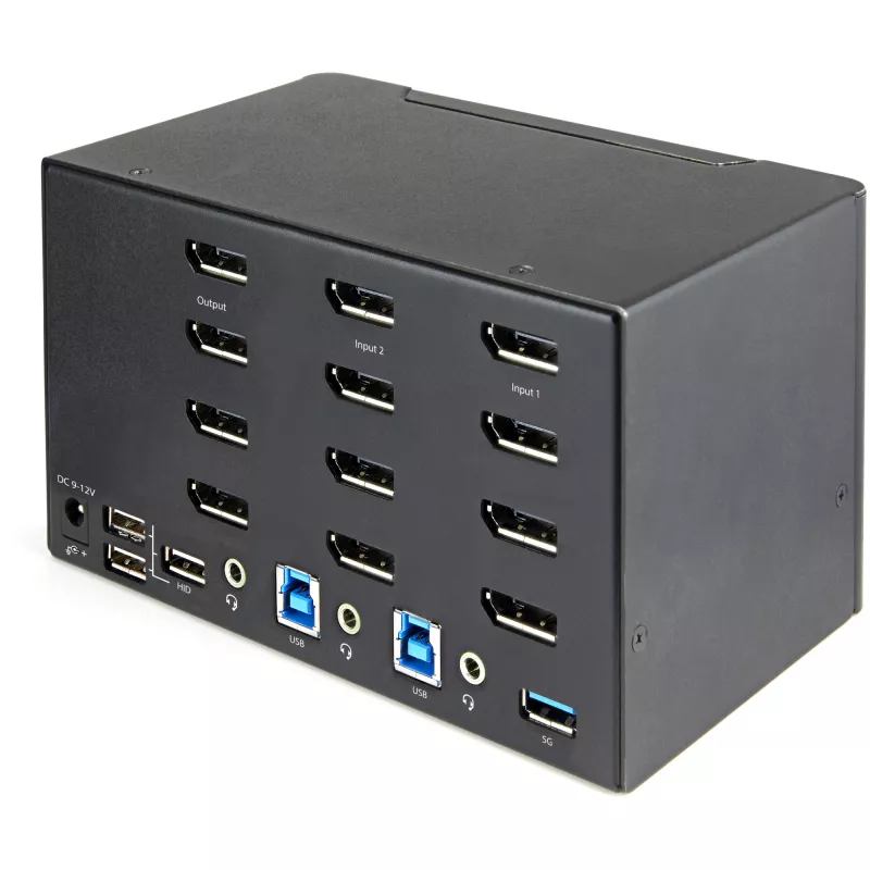 StarTech.com 2 Portu Četru Monitoru DisplayPort KVM Slēdzis - 4K 60Hz UHD HDR - Galda 4K DP 1.2 KVM ar 2 Portu USB 3.0 Hub (5Gbps) un 4x USB 2.0 HID Portiem, Audio - Karstā Taustiņa Pārslēgšana - TAA