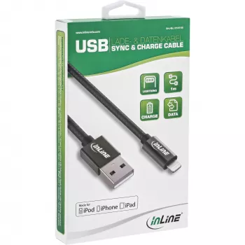 InLine Lightning USB kabelis, melns/alu, 1m, MFi sertificēts