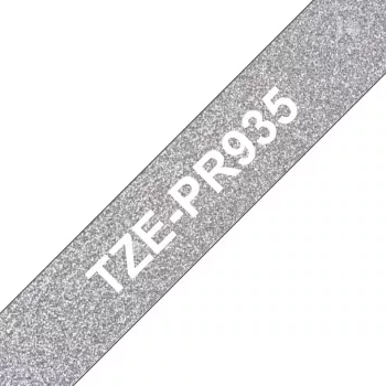 Brother TZe-PR935 lentes kasete – balts teksts uz sudraba, 12 mm x 8 m