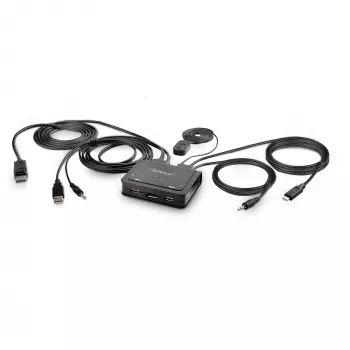 StarTech.com 2-Port Hybrid USB-C/DisplayPort KVM Slēdzis, 4K 60Hz, Kompakts, ar Iebūvētiem Kabeļiem, Barošana no USB, Tālvadības Poga/Īsinājumtaustiņi