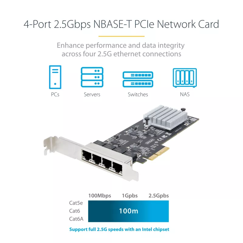 StarTech.com 4-Port 2.5Gbps NBASE-T PCIe tīkla karte, Intel I225-V, četru portu tīkla karte, Multi-Gigabit NIC, PCI Express servera LAN karte, darbvirsmas Ethernet interfeiss