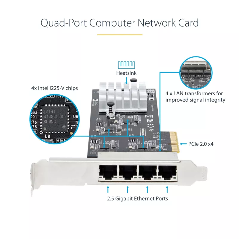 StarTech.com 4-Port 2.5Gbps NBASE-T PCIe tīkla karte, Intel I225-V, četru portu tīkla karte, Multi-Gigabit NIC, PCI Express servera LAN karte, darbvirsmas Ethernet interfeiss