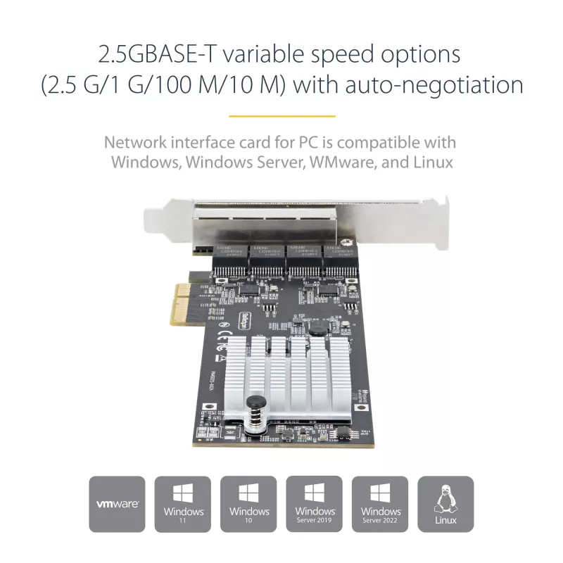 StarTech.com 4-Port 2.5Gbps NBASE-T PCIe tīkla karte, Intel I225-V, četru portu tīkla karte, Multi-Gigabit NIC, PCI Express servera LAN karte, darbvirsmas Ethernet interfeiss
