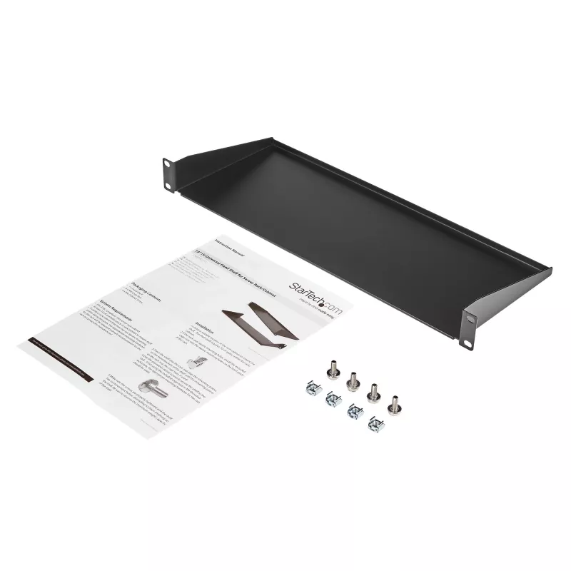 StarTech.com CABSHELF1U 1U servera statņa plaukts, fiksēts konsoles plaukts 19 collu statnim/skapim, dziļums 17,7 cm (7 collas), slodze 15 kg (33 mārciņas), ar būra uzgriežņiem un skrūvēm, melnā krāsā