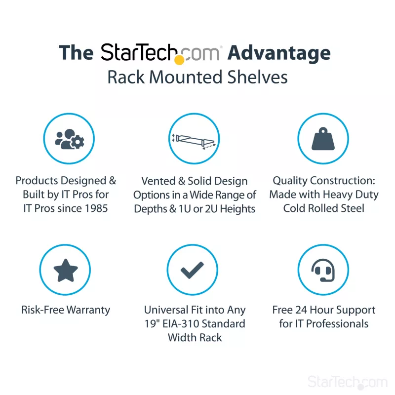 StarTech.com CABSHELF1U 1U servera statņa plaukts, fiksēts konsoles plaukts 19 collu statnim/skapim, dziļums 17,7 cm (7 collas), slodze 15 kg (33 mārciņas), ar būra uzgriežņiem un skrūvēm, melnā krāsā