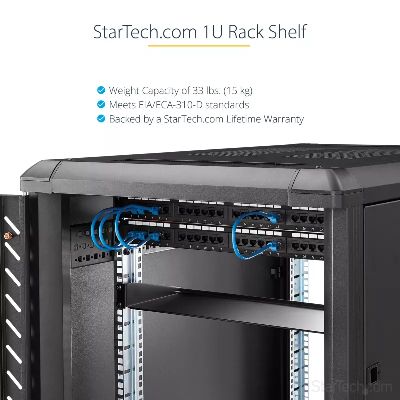 StarTech.com CABSHELF1U 1U servera statņa plaukts, fiksēts konsoles plaukts 19 collu statnim/skapim, dziļums 17,7 cm (7 collas), slodze 15 kg (33 mārciņas), ar būra uzgriežņiem un skrūvēm, melnā krāsā