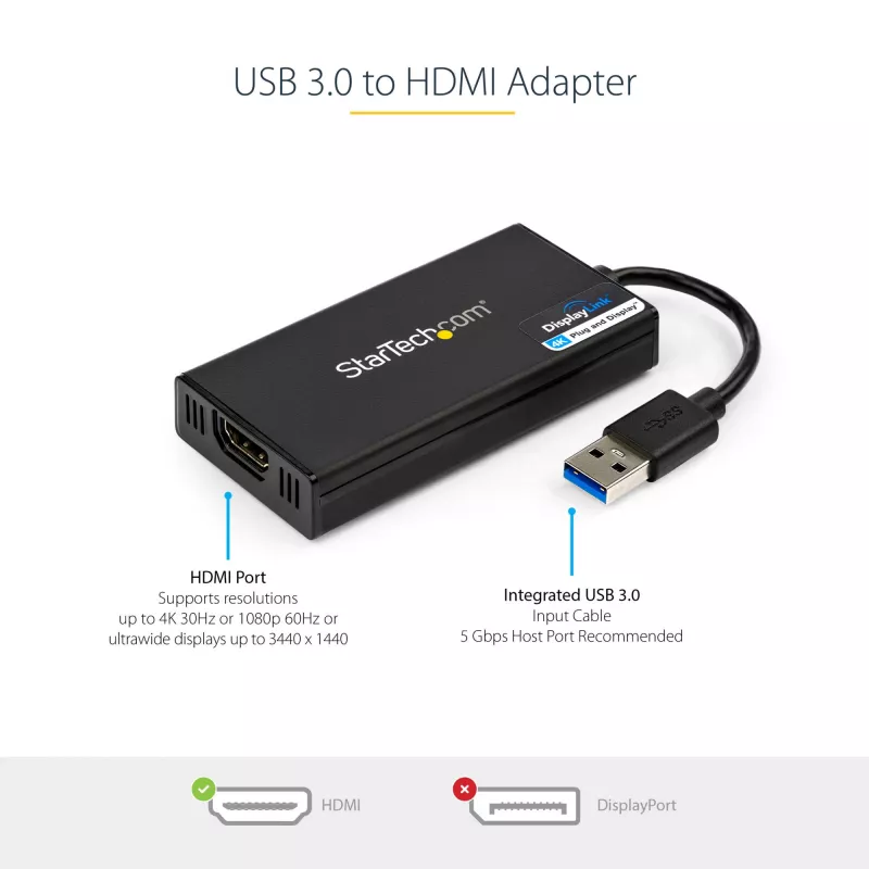 StarTech.com USB 3.0 uz HDMI adapteris - 4K 30Hz Ultra HD - DisplayLink sertificēts - USB Type-A uz HDMI displeja adapteris monitoram - ārējā video un grafikas karte - Mac un Windows