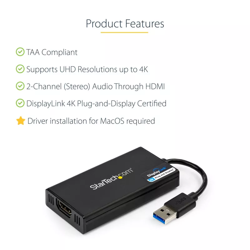 StarTech.com USB 3.0 uz HDMI adapteris - 4K 30Hz Ultra HD - DisplayLink sertificēts - USB Type-A uz HDMI displeja adapteris monitoram - ārējā video un grafikas karte - Mac un Windows