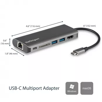 StarTech.com USB-C daudzportu adapteris, portatīvā USB-C dokstacija ar 4K HDMI, 2 portu USB 3.0 centrmezgls, SD/SDHC, GbE, 60W PD caurlaide - USB Type-C/Thunderbolt 3 - AIZSTĀTS AR DKT30CHSDPD1