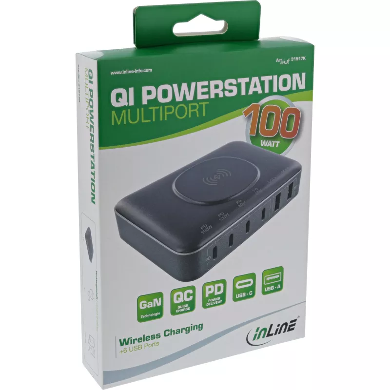 InLine Qi Powerstation Multiport lādētājs, 4x USB-C + 2x USB-A, GaN 100 W, 15 W bezvadu uzlāde, melns (31517K)