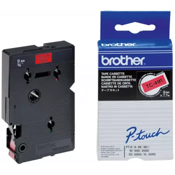 Līmlente marķēšanai 9mm Brother TC491 melns uz sarkana