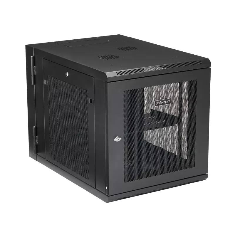 StarTech.com 4-stabu 12U sienas tīkla skapis ar 1U plauktu, 19 collu eņģu sienas servera statīvs datu/AV/elektronikas/datoru iekārtām, elastīgs ventilējams skapis