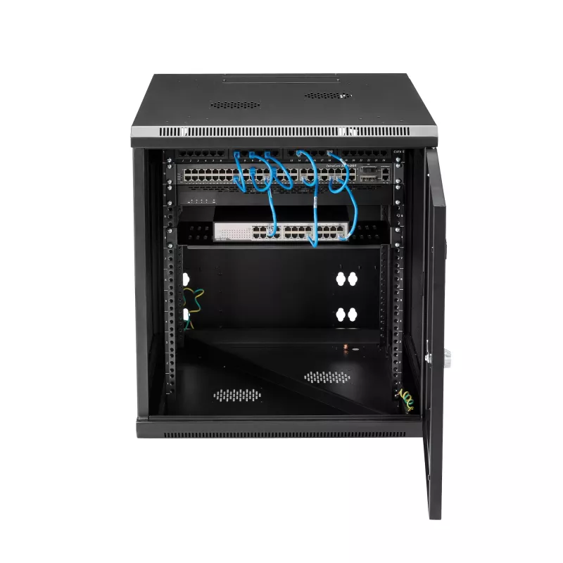 StarTech.com 4-stabu 12U sienas tīkla skapis ar 1U plauktu, 19 collu eņģu sienas servera statīvs datu/AV/elektronikas/datoru iekārtām, elastīgs ventilējams skapis
