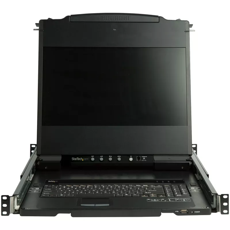 StarTech.com RKCOND17HD divu sliežu KVM konsole 1U statnei, 17,3" (43,9 cm) LCD 1920 x 1080, viens DVI/VGA ports, ASV QWERTY tastatūra, USB, kabeļi iekļauti, 44230 MTBF, melna