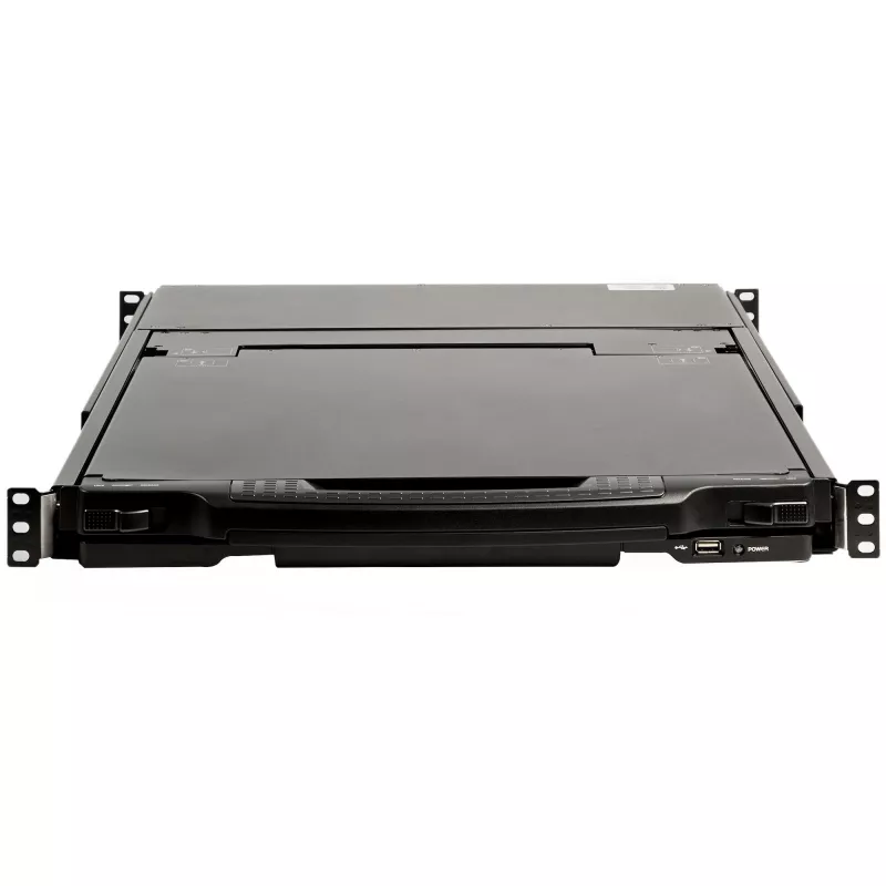 StarTech.com RKCOND17HD divu sliežu KVM konsole 1U statnei, 17,3" (43,9 cm) LCD 1920 x 1080, viens DVI/VGA ports, ASV QWERTY tastatūra, USB, kabeļi iekļauti, 44230 MTBF, melna