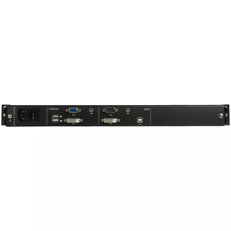 StarTech.com RKCOND17HD divu sliežu KVM konsole 1U statnei, 17,3" (43,9 cm) LCD 1920 x 1080, viens DVI/VGA ports, ASV QWERTY tastatūra, USB, kabeļi iekļauti, 44230 MTBF, melna