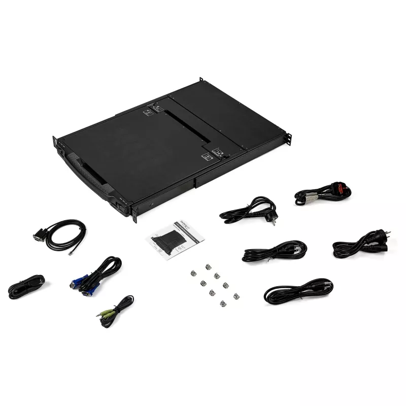 StarTech.com RKCOND17HD divu sliežu KVM konsole 1U statnei, 17,3" (43,9 cm) LCD 1920 x 1080, viens DVI/VGA ports, ASV QWERTY tastatūra, USB, kabeļi iekļauti, 44230 MTBF, melna