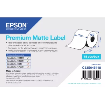 Epson Premium Matte Label Continuous Roll 76mm x 35m Matēts 163 g/m²