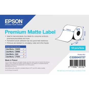 Epson Premium Matte Label - Nepārtraukts rullis: 105mm x 35m, Balts, Pašlīmējoša printera etiķete, Nepārtraukta etiķete, Akrils, Pastāvīga, Matēta