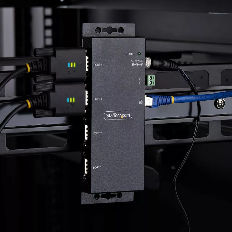 StarTech.com 4-Portu seriālais uz Ethernet adapteris, IP seriālās ierīces serveris attālinātām RS232 ierīcēm, sienas/DIN sliedes montāžai, metāla korpuss, RJ45 LAN uz DB9 seriālo pārveidotāju